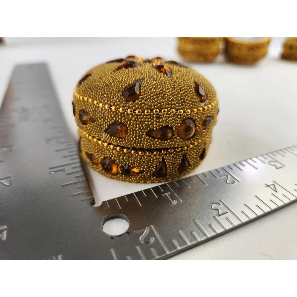 Vtg Round Hand Beaded Trinket Boxes Yellow Gold Beads Jeweled Wedding Set of 5